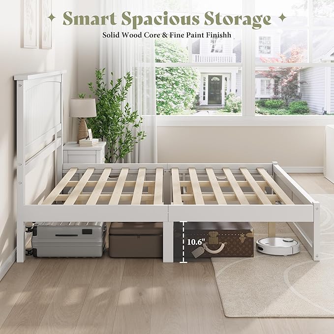 AMERLIFE Full Size Solid Wood Bed Frame with 50" Tall Headboard, Mid-Century Modern Bed with Storage Drawers, Wooden Platform Bed with 2 Drawers, No Box Spring Needed, White