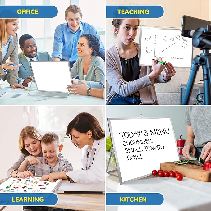 Dry Erase White Board, 16inX12in Large Magnetic Desktop Whiteboard with Stand, 10 Markers, 4 Magnets, 1 Eraser, Portable Double-Sided White Board Easel for Memo to Do List Desk Office