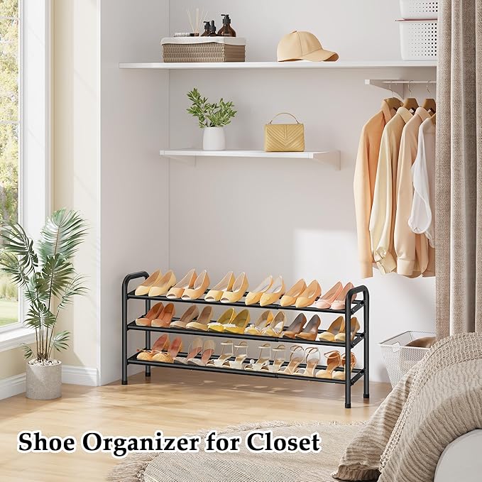 3 Tier Shoe Organizer, Shoe Rack for Closet, 28“ Metal Shelf Can Expandable to 42“, for Bedroom, Entryway, Closet, Garage, Adjustable to 18 Pairs Shoes, Black