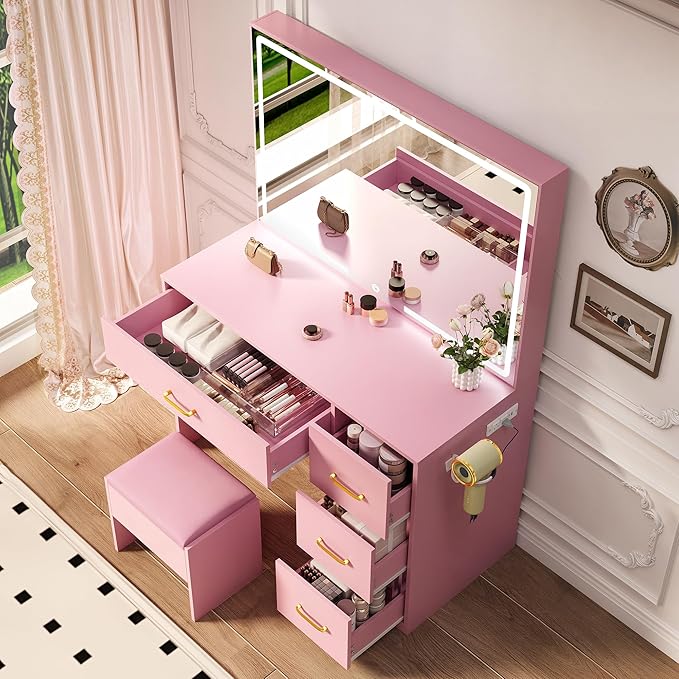 YITAHOME Pink Vanity Desk with LED Mirror: 35 inch Makeup Table with Charging Station, 4 Drawers and Stool, Adjustable Light Dressing Table for Women