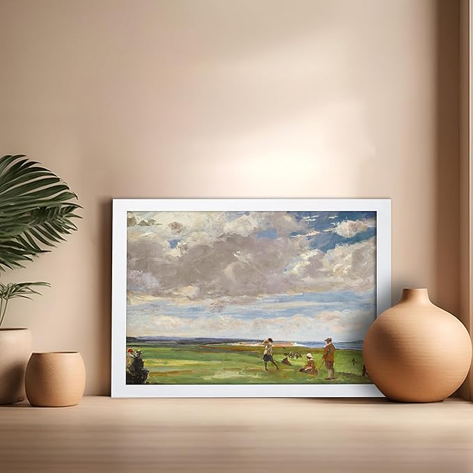 Poster Master Vintage Lady Astor Playing Golf at North Berwick Painting Poster - Retro Golf Course Print - Golf Art - Sports Art - Landscape Art - Office or Living Room Decor, 16x20 White Framed