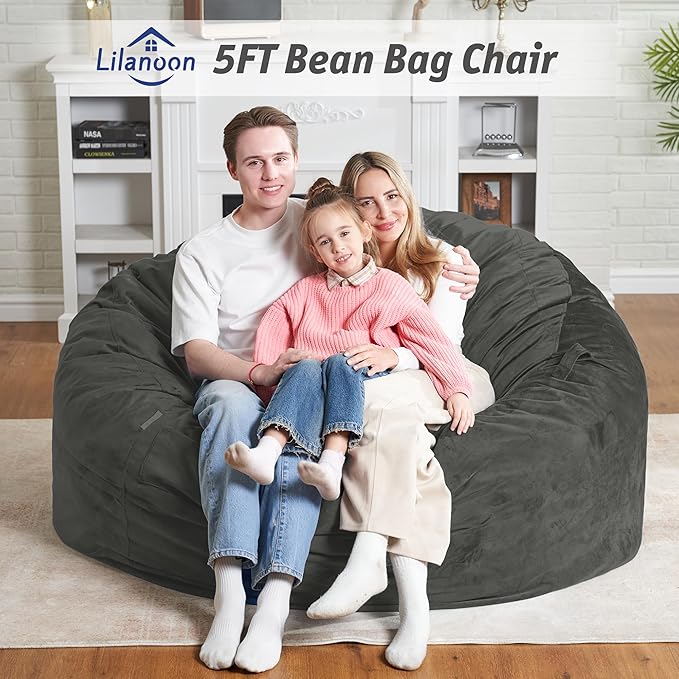 5FT Bean Bag Chair with Ultra Soft Velvet Cover Bean Bag Sofa with Memory Foam Bean Bag Chairs with Large Size Lazy Sofa for Dorm Office Living Room Bedroom Grey 5'