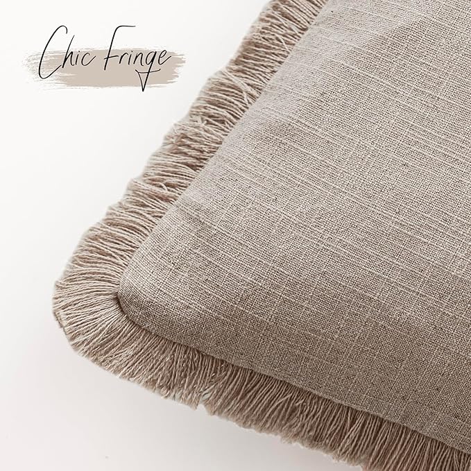 Foindtower Set of 2 Decorative Linen Fringe Lumbar Throw Pillow Covers Farmhouse Cushion Cover with Tassels Accent Pillowcase for Couch Sofa Bed Living Room Home Decor,12×24 Inch,Natural Linen