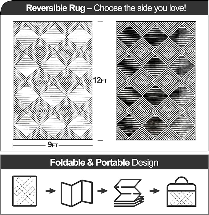 Waterproof Outdoor Rug 9x12ft, Foldable Reversible Plastic Straw Mat for Patio RV Deck Porch Backyard Balcony Camping Picnic Beach Indoor Outdoor Carpet, Black&White