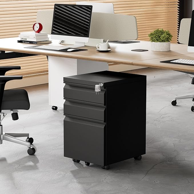 Metal Mobile File Cabinet with Lock and 4 Keys - Fully Assembled, Under Office Desk 3 Drawers Filing Cabinet for Home Office with Anti-tilt Wheels, A4/Legal/Letter Hanging File Drawers