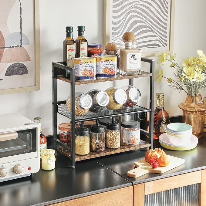 IBUYKE 3-Tier Spice Rack Industrial Counter Shelf Desktop Storage Organizer Standing Seasoning Rack for Countertop Kitchen Office Living Room Desktop Rustic Brown UTLJ021H