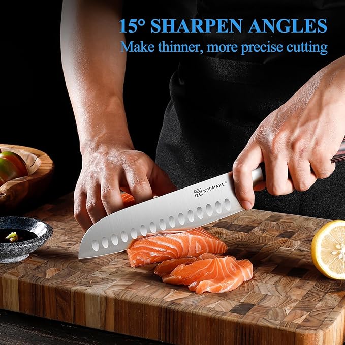 KEEMAKE Chef Santoku Knife: 7 Inch Ultra Sharp Kitchen Knife with Stainless Steel Blade Japanese Knife for Cooking Meat Fruit Vegetable, with Ergonomic Pakkawood Handle and Gift Box Included