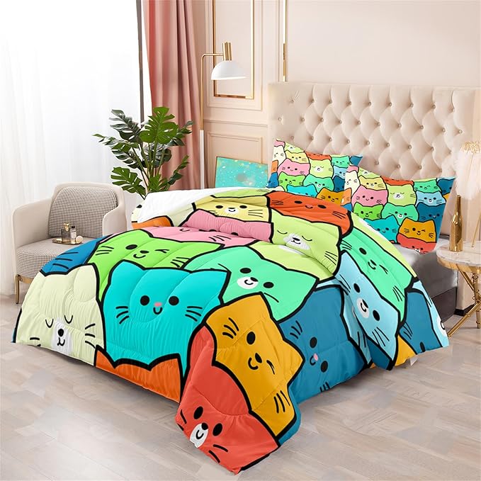 Cat Bedding Set Full Size - 3 Piece Cartoon Cat Comforter Set for Girls Boys Kids Bedroom Colorful Animals Print Home Bedding Decor for All Season Soft Warm 1 Cat Quilt Cover with 2 Pillowcases
