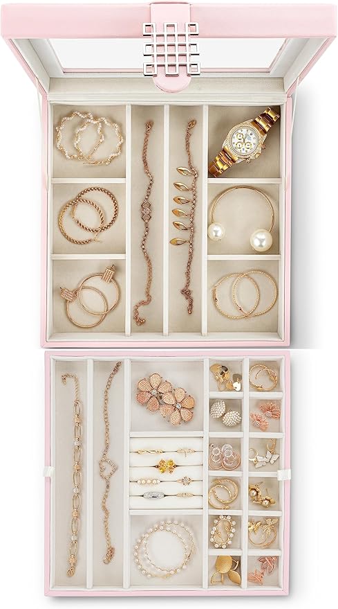 Co 28 Section Jewelry Box - 2 Layer & Buckle Magnet Closure - Large Glass Top - Leather Design - Soft Pink - Jewelry Organizer for Women & Girls - for Earring Ring Necklace & Bracelet