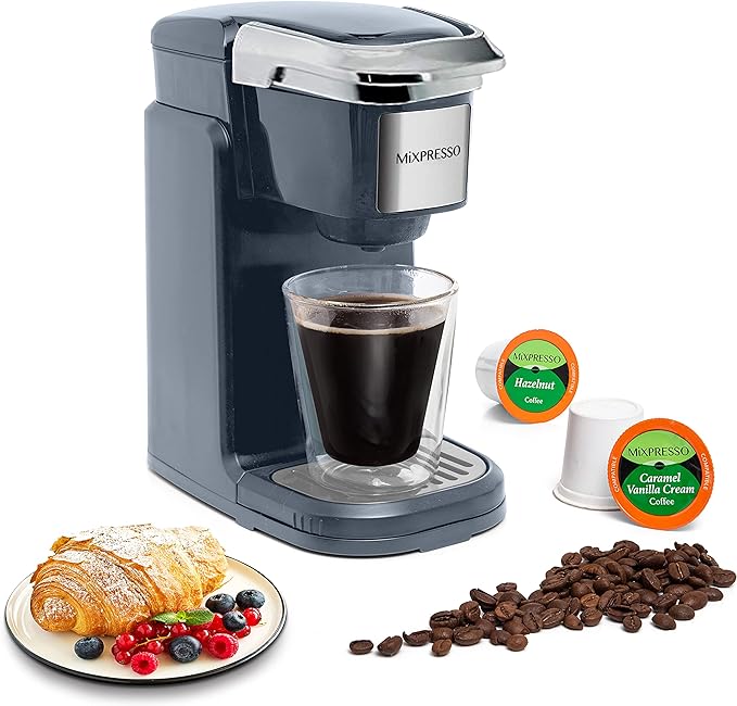 Mixpresso Single Cup Coffee Brewer - Quick Brew, One Touch Function, 12oz One Cup Grey Coffee Maker