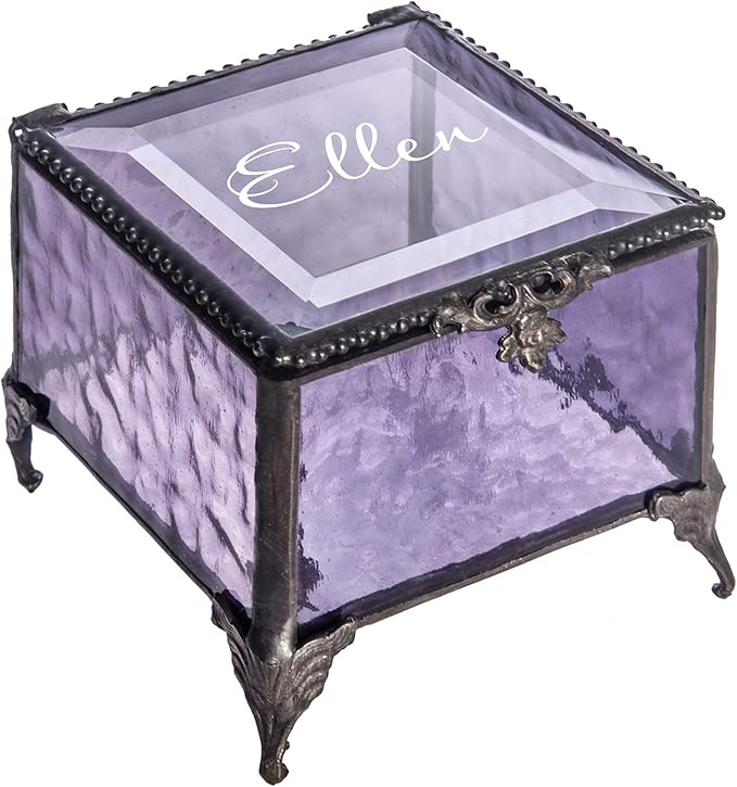 Personalized Purple Glass Box Decorative Vanity Display Case Storage Jewelry Organizer Keepsake Gift for Her Girl Women Purple Vintage Decor J Devlin Ellen Box 836 EB245