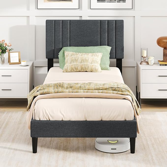 Giantex Twin Bed Frames with Headboard, Modern Upholstered Platform Bed Frame with Vertical Channel Tufted Headboard, Wooden Slats Support, No Box Spring Needed, Gray