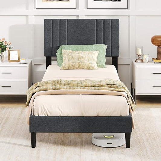 Giantex Twin Bed Frames with Headboard, Modern Upholstered Platform Bed Frame with Vertical Channel Tufted Headboard, Wooden Slats Support, No Box Spring Needed, Gray