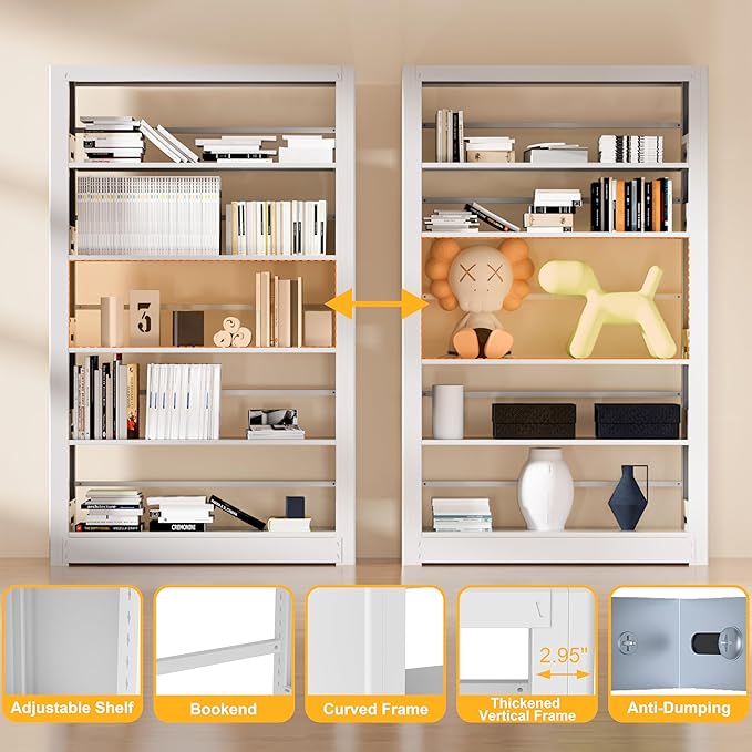 5-Tier Bookshelf, White Bookshelf with Adjustable Storage Shelves, Metal Bookshelf, 69" Tall Bookcase for Living Room, Library, Office, Bedroom, Including Book Stopper，36" Wide Bookshelves