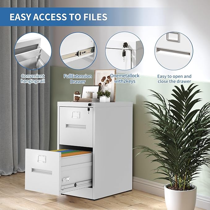 2 Drawer File Cabinet with Lock, Metal Filing Cabinets for Home Office, Vertical Narrow File Cabinet Lockable Steel Storage Cabinets for Letter/Legal/F4/A4 Size, Assembly Required(White)