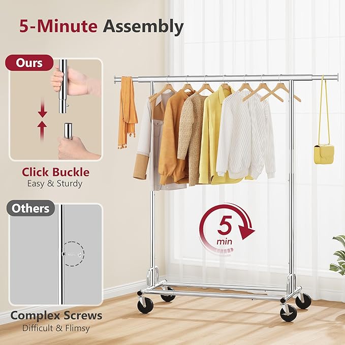 Tajsoon Clothing Rack Heavy Duty Clothes Rack Load 350 LBS, Rolling Clothes Racks for Hanging Clothes with Wheels & Extendable Rod, Collapsible Garment Rack with Bottom Shelf, Commercial, Chrome