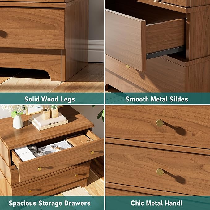 3 Drawer Nightstand with Charging Station,28" Farmhouse Night Stand & Modern 3 Drawer Dresser,Wood Nightstands Storage Cabinet for Bedroom Hallway, Entryway, Home Office, Brown Set of 2