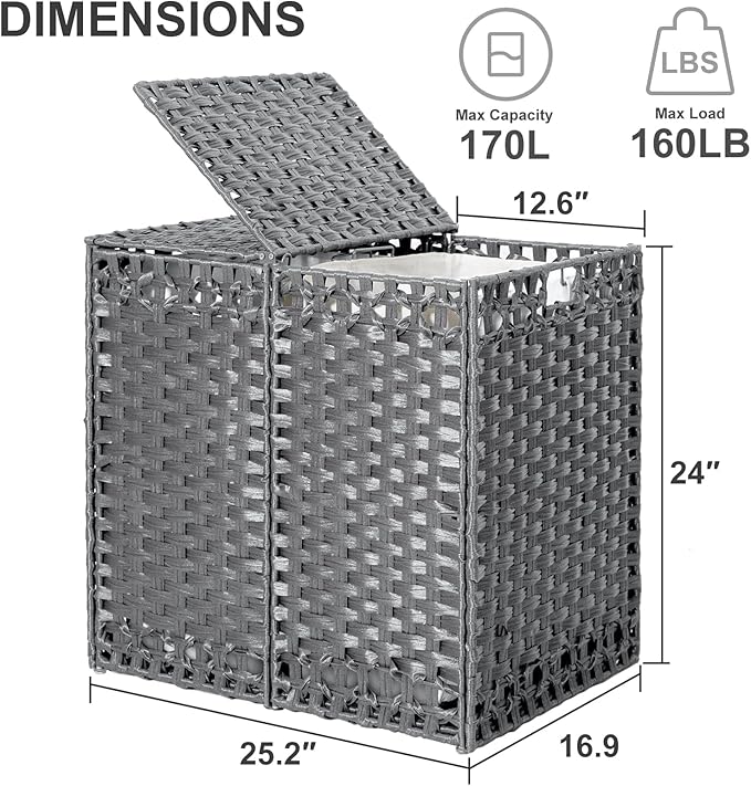 170L Foldable Laundry Hamper with Lid - Handwoven Rattan Storage Basket, 2-Section Clothes Hamper w/2 Removable Liner Bags, Easy Assembly, Portable for Bedroom Bathroom Dorm,Grey