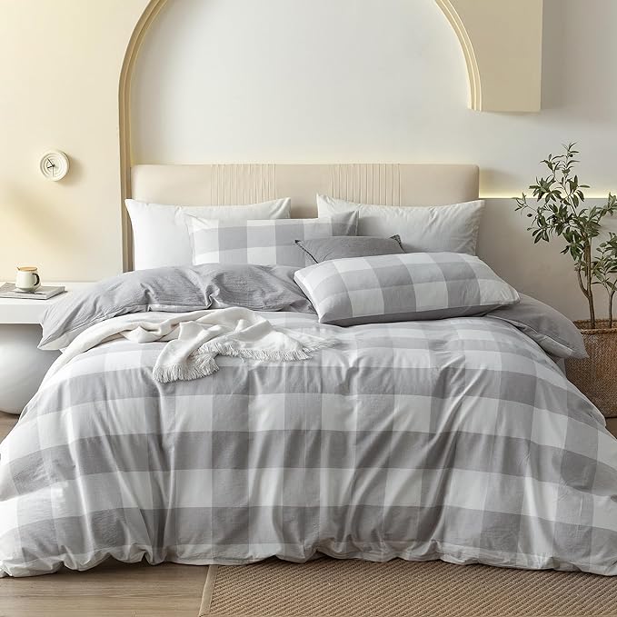 JIYUAN 100% Washed Cotton Duvet Cover Set 3 Pieces Queen, 1 Duvet Cover 90x90 Inches(Comforter Not Included) and 2 Pillowcases,Linen Feel Bedding Set Comfy and Breathable, Heathered Plaid Grey