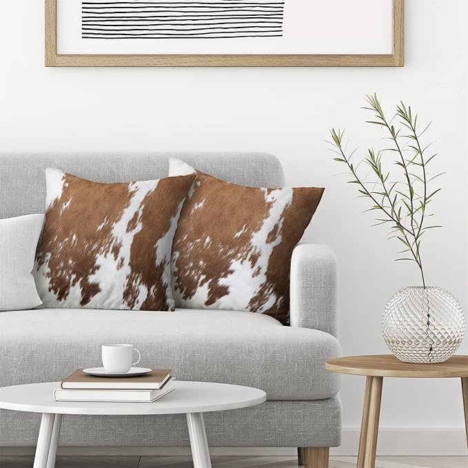 BETGINY Cow Print Pillow Covers 18X18 Inch Pack of 2, Western Brown Cowhide Throw Pillow Covers Square Cushion Farmhouse Animal Cow Print Pillow Cases for Bedroom Living Room Home Sofa Patio Outdoor