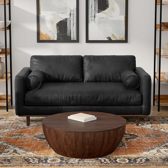 SIMPLIHOME Morrison 72-inch Wide Sofa in Lead Black Genuine Leather, Mid-Century Modern-Style Loveseat for Living Room, Single Bench Cushion, Removable Back Cushions, 2 Bolster Pillows