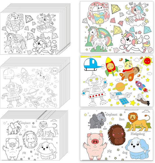 150 Pieces Disposable Paper Placemats Coloring Activity Sheets Paper Place Mats Bulk Dining Table Place Mats Set 14.5*10 Sublimation Placemat for Restaurant Christmas Party(Space Aminal Unicorn Theme）