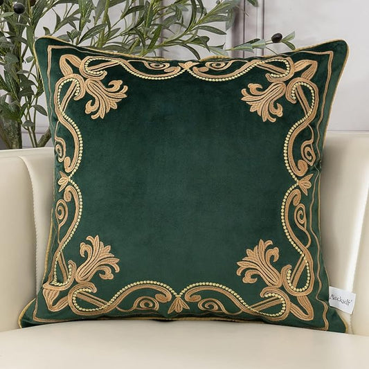 Aeckself European Luxury Velvet Throw Pillow Cover 18 x 18 Inch, Embroidery Floral Pillow Cover Home Decor Pillowcase for Couch Bedroom Living Room, Dark Emerald Green and Gold