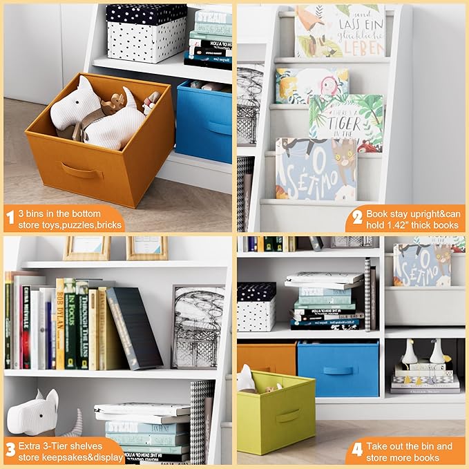 Kids Bookshelf Wood Montessori Toy Storage Organizer Cabinet Shelf Child Bookcase Toddler Baby Sling Book Rack 3 Cube Bin Fabric Drawers for Playroom Bedroom Nursery School