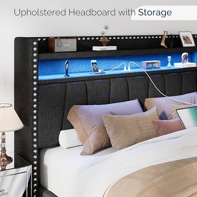 Queen Size Bed Frame with Storage Headboard and Drawers Modern Rivets Upholstered Bed Frame with LED Charging Station Queen Bedframe No Box Spring Needed