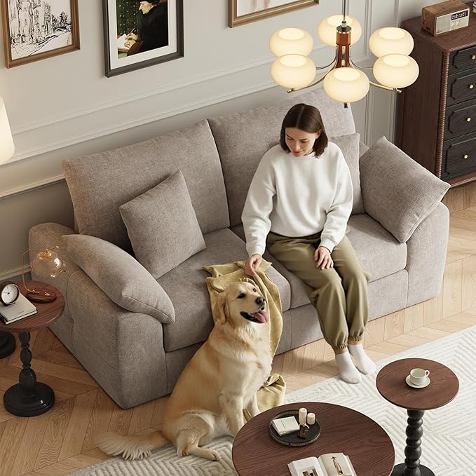 76" Boneless Loveseat Sofa, Cloud Foam Couch, 3 Seater Upholstered Midcentury Mondern Love Seat, Wide Armrest and 4 Pillows for Home Living Room/Small Spaces, No Assembly Required, Camel