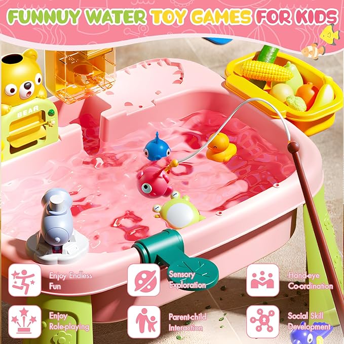 2026 Upgraded Toddler Sand Water Table Toy with Electric Water Pump, Kids Sand Water with Faucet/Play Food Accessories/Fishing Toy, Kitchen Play Sink Toys for Girl Boy Age 3+ (Pink)