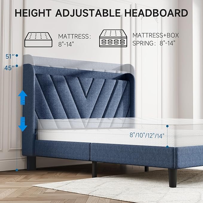 koorlian Queen Bed Frame with Headboard, Adjustable Upholstered Platform Bed Frame with Type-C&USB Ports, Wingback Storage Headboard, Solid Wood Slats Support, No Box Spring Needed, Dark Blue