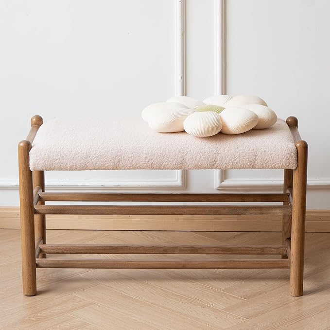 Solid Wood Entryway Bench with Shoe Storage, Rustic Oak Wood and Sherpa Fabric 31.5 Inch Long Seating for Living and Dining Rooms, 3-Tier White