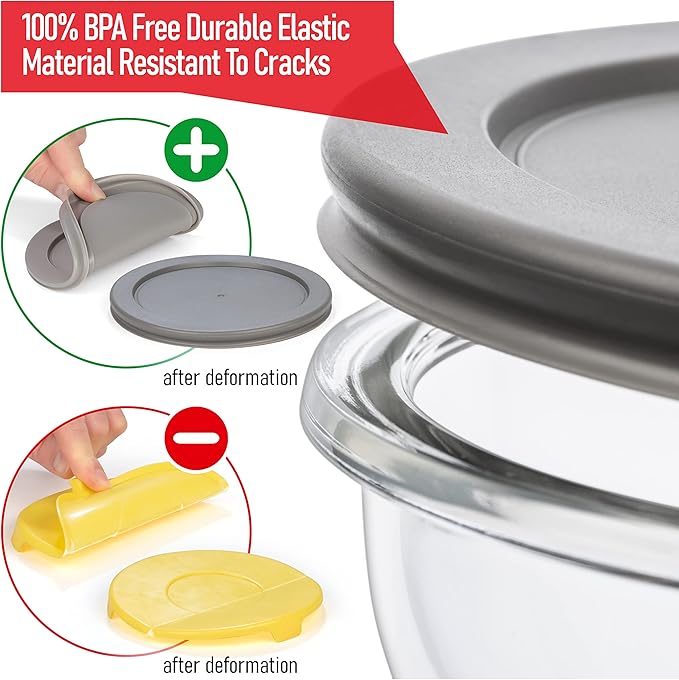 Set of 6 Stackable Space-Saving Nesting Glass Bowls with BPA Free Lids for Foodprep, Storage, Baking, Mixing & Cooking, Microwave Safe - Durable Inert Borosilicate Glass