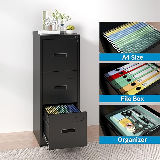 AQY 3 Drawer File Cabinet with Lock, Metal Black Filing Cabinet for Home Office, 18" Deep Heavy Duty Vertical Storage Cabinet for Hanging A4/Letter/Legal Size Files, Assembly Required