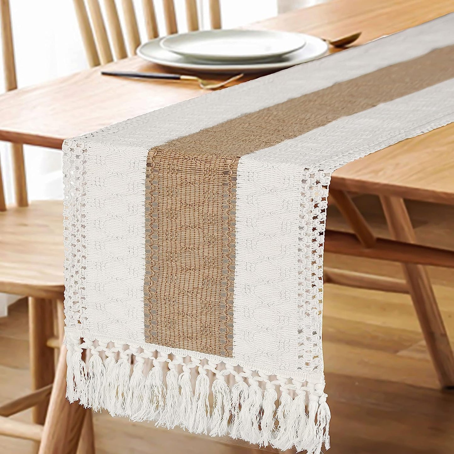 FEXIA Boho Table Runner for Thanksgiving Fall Christmas Home Decor with Tassels 72 Inches Long Pottery barn Furniture Farmhouse Rustic Macrame Burlap Table Decoration for Living Room (12x72 Inches)