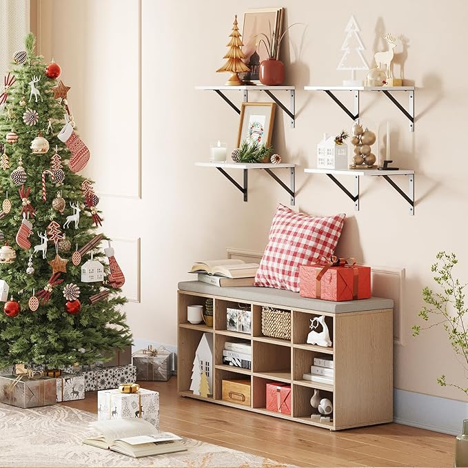 DINZI LVJ Shoe Storage Bench with Cushion, 12-Cubby Shoe Rack, Adjustable Shelves, 40.9" Long Shoe Organizer Bench for Entryway, Mudroom, Hallway, Garage, Natural and Cappuccino Beige