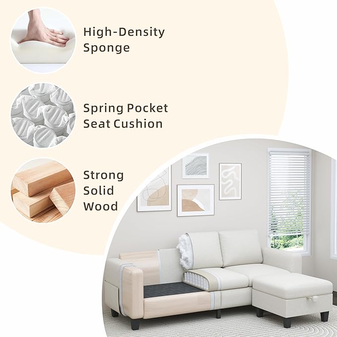 Sectional Sofa Couches for Living Room - 78'' Beige 3 Seat L-Shaped Couch with Storage Ottoman, Modern Linen Convertible Sectionals Sofas with Chaise for Apartment, Office, Small Space
