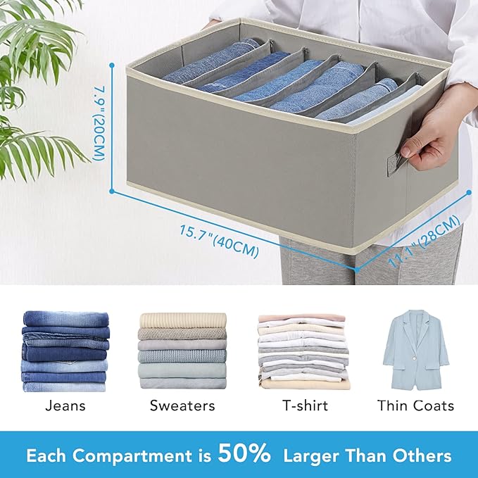 3 Pcs Large Size Wardrobe Clothes Organizers 6 Grids for Pants, Jeans, Sweater, T-shirt, Thin Coat, Dress Stackable Closet Drawer Organizer Storage Bin Container with Sturdy Handles, Grey