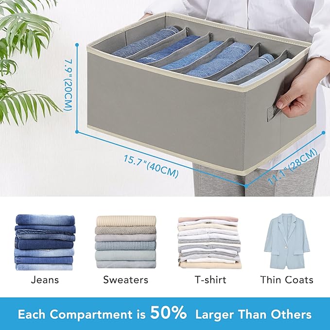 6 Pcs Large Size Wardrobe Clothes Organizers 6 Grids for Pants, Jeans, Sweater, T-shirt, Thin Coat, Dress Stackable Closet Drawer Organizer Storage Bin Container with Sturdy Handles, Grey