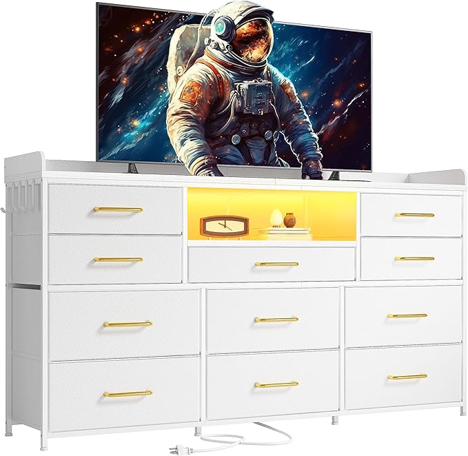 EnHomee Dresser TV Stand with 11 Drawers for 60" TV Stand for Bedroom with LED Lights & Power Outlets Long Dresser for Bedroom with Shelves & 4 Hooks Sturdy Metal Frame & Wood Top, White