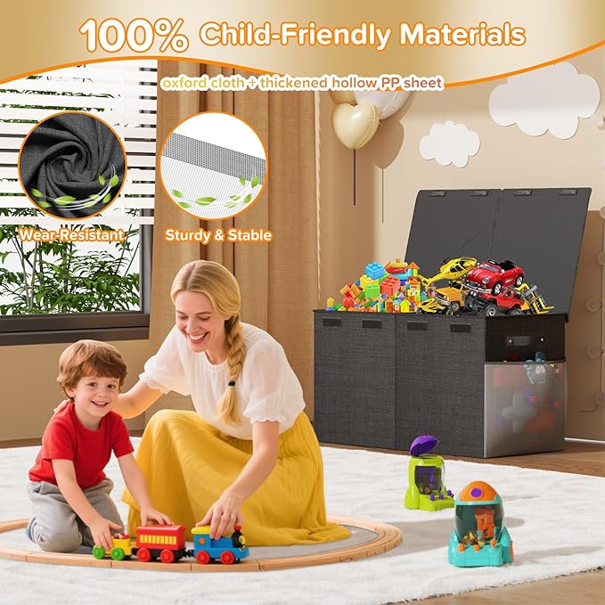 Large Toy Box Chest, Collapsible Sturdy Toy Storage Organizer Boxes Bins Baskets Dinosaur Kids Toy Chest Bin with Lids for Boys Girls Living Room Playroom Bedroom Nursery 25"x14"x16" Black