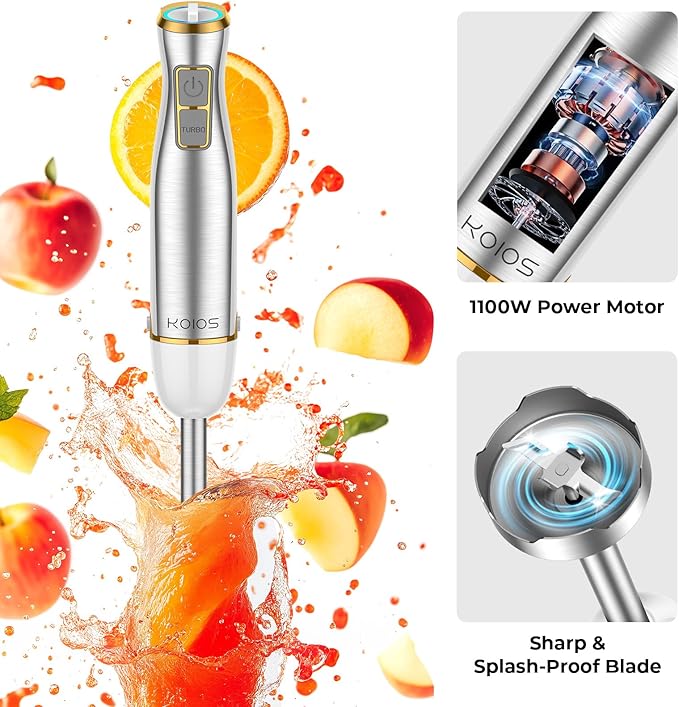 KOIOS Immersion Blender, 1100W 5-in-1 Multi-Purpose Hand Blender, 12-Speed, 600ml Beaker, 500ml Chopper, Egg Whisk, Milk Frother, White