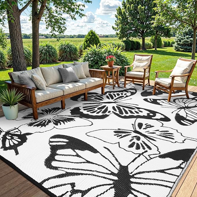 Beeiva Butterfly Outdoor Patio Rug 9x12, Waterproof Reversible Plastic Straw Rug, Outside Mats for Camping, Deck, Balcony, Backyard - Black & White
