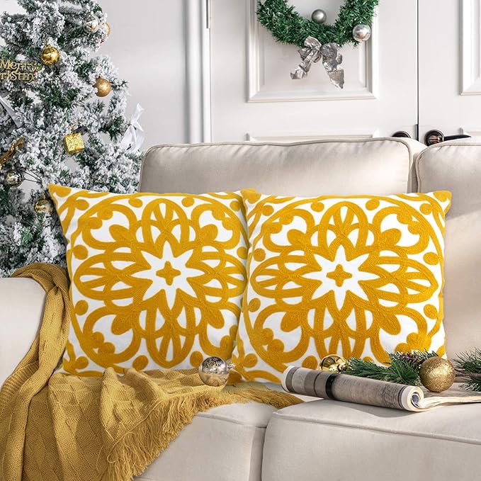 Alysheer Embroidered Decorative Throw Pillow Covers 18"x18" Set of 2 Pieces, Cozy Boho Mandala Knit Pattern, Durable 100% Cotton Canvas，Mustard Yellow Cushion Cases for Sofa Couch Living Room (Gold)