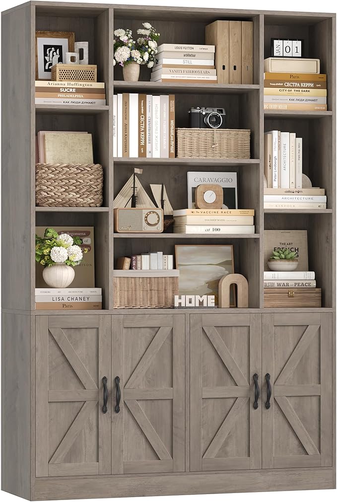 HOSTACK 75” Tall Book Shelf and Bookcase, Bookshelf with Storage Cabinet, 47” Wide Bookcase with 4 Doors, Standing Display Shelves, Modern Farmhouse Book Case for Living Room, Home Office, Ash Grey