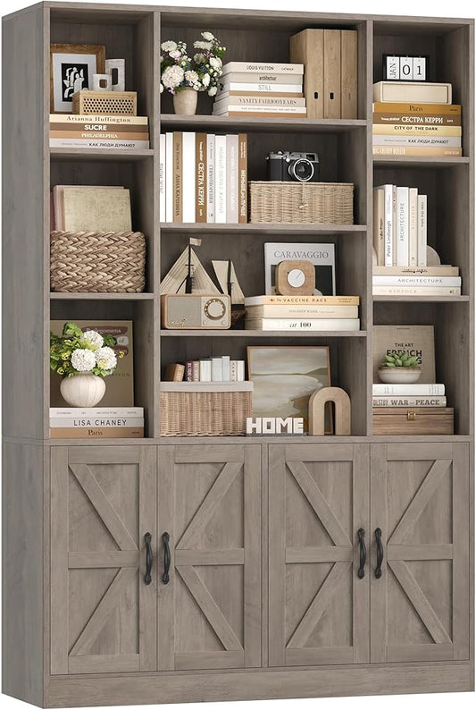 HOSTACK 75” Tall Book Shelf and Bookcase, Bookshelf with Storage Cabinet, 47” Wide Bookcase with 4 Doors, Standing Display Shelves, Modern Farmhouse Book Case for Living Room, Home Office, Ash Grey