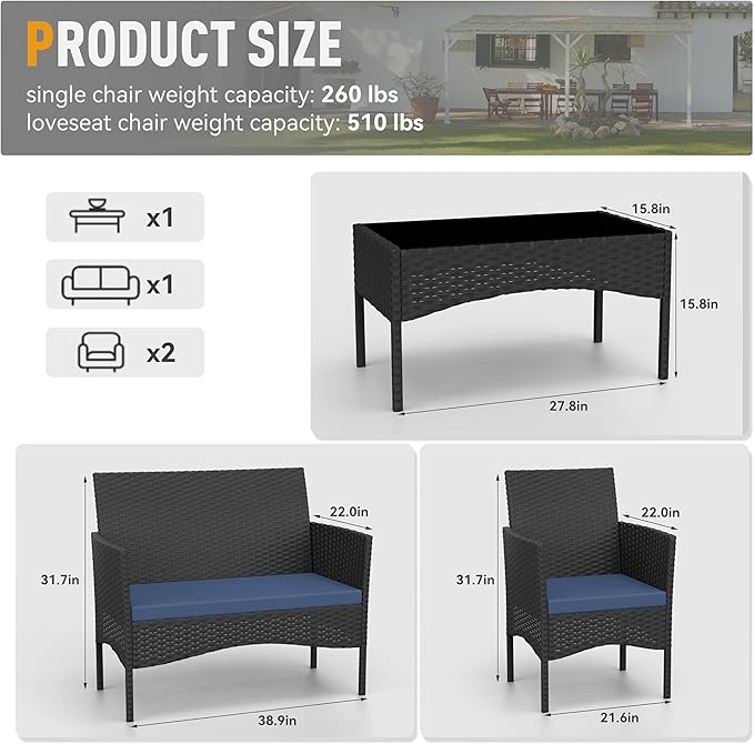 Kurapika Patio Furniture Set 4 Pieces Outdoor Wicker Rattan Chairs Conversation Sets w/Coffee Table, Rocking Bistro Set, for Patio Backyard Lawn (Navy Blue)