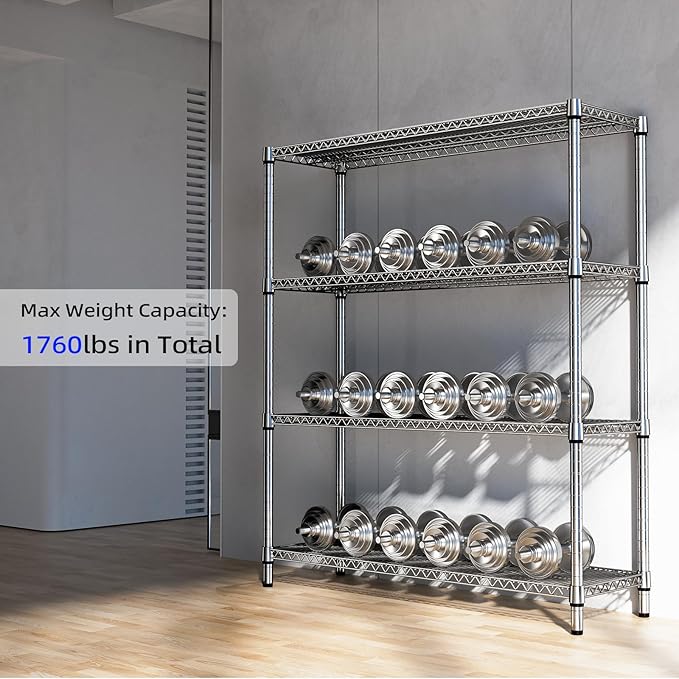 1760 LBs 4 Tier Storage Rack Metal Wire Shelving Unit, Storage Standing Shelf Organizer for Laundry Bathroom Kitchen Pantry Garage Utility Room, Chrome 17.7" D x 59.1" W x 70.4" H