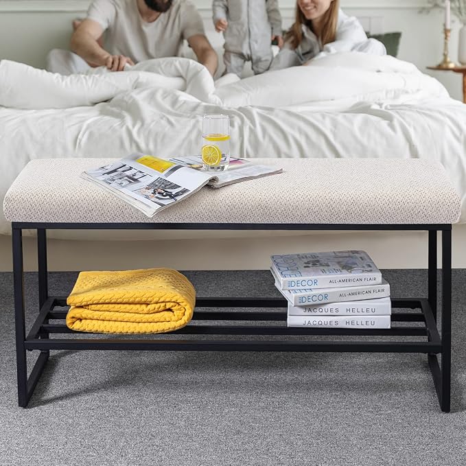 Zesthouse Upholstered Shoe Bench Entryway with Storage, Comfy Line Fabric Bench for Bedroom End of Bed, Metal Shoe Rack for Closet Hallway Doorway Living Room Mudroom, Beige